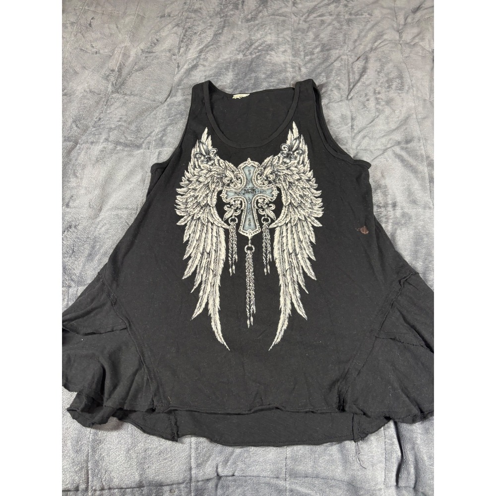 Sinful by Affliction Angel Wings Cross Graphic Tank Top Black Rhinestone Tunic